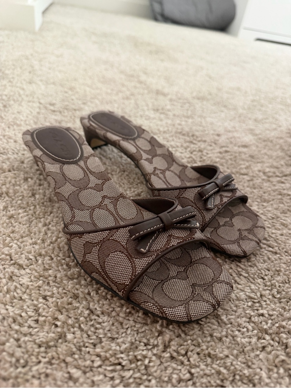 Coach Brown Signature Canvas Kitten Heel with Bow Accent